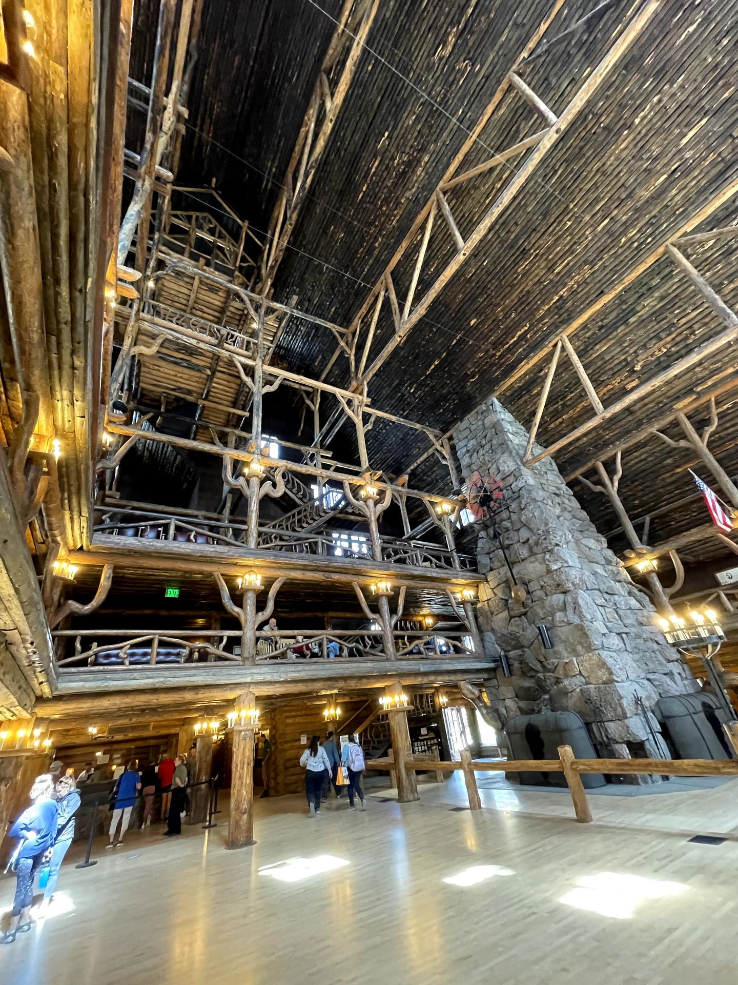 Inside the lobby of Old Faithful Inn.