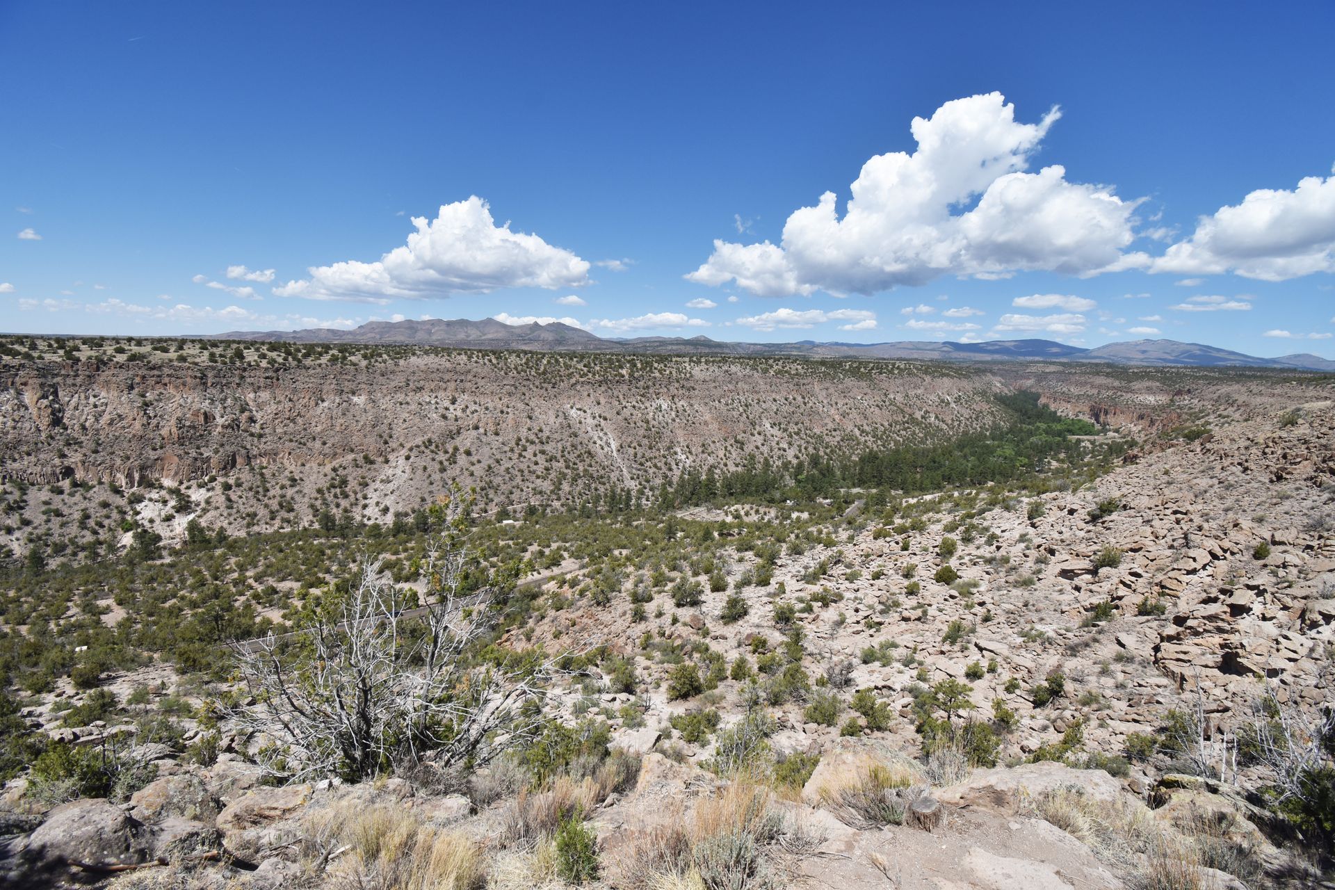 A view of a valley at Banelier National Monument from an overlook. You can see the road at the bottom of the valley.