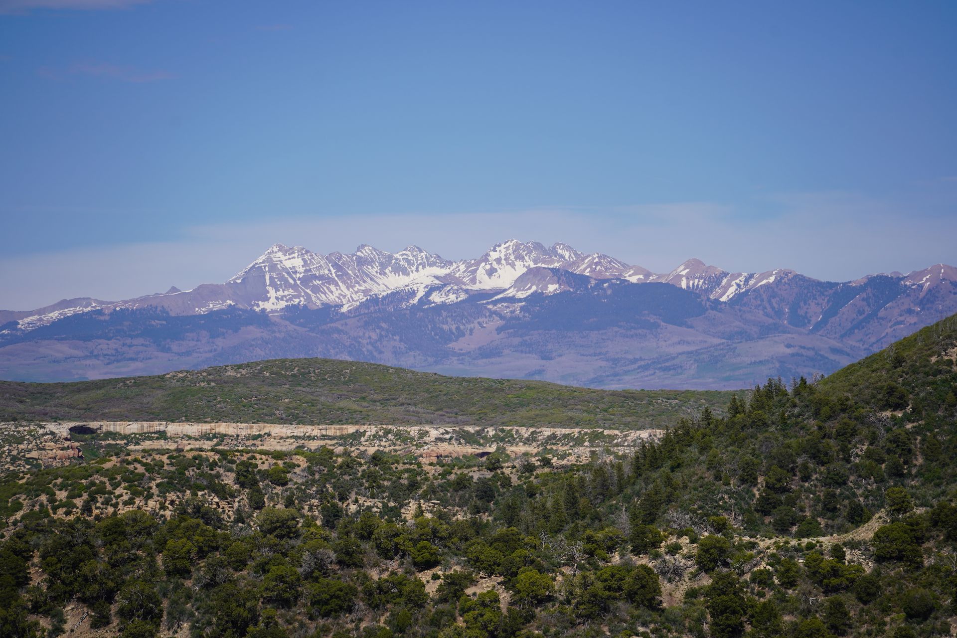 A view of the San Juan Mountains from inside of Mesa Verde National Park