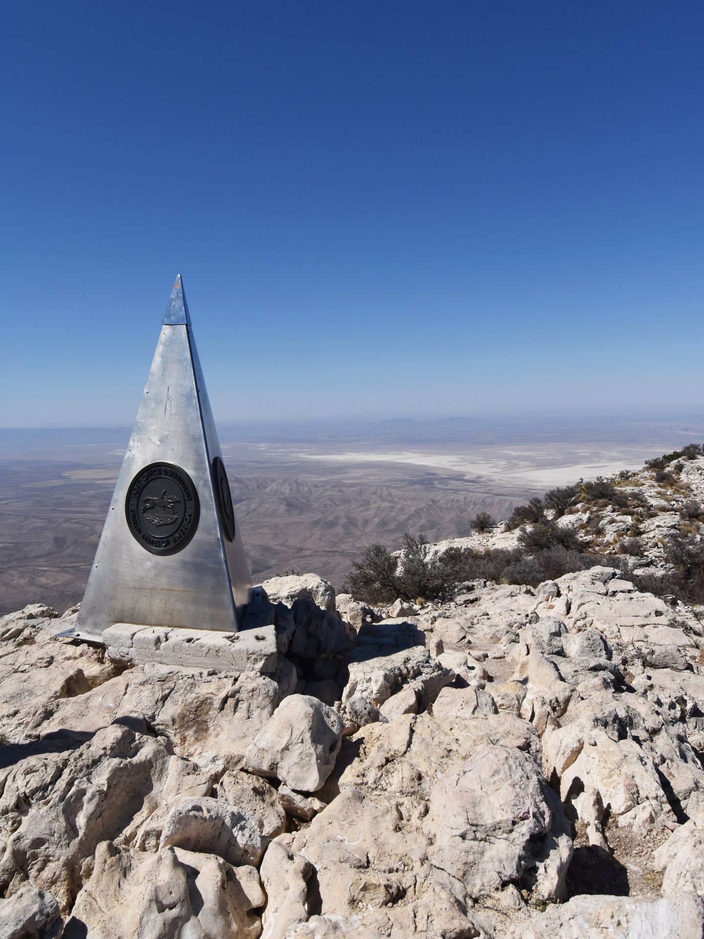A large, pyramid marker on Guadalupe Peak, the highest point in Texas