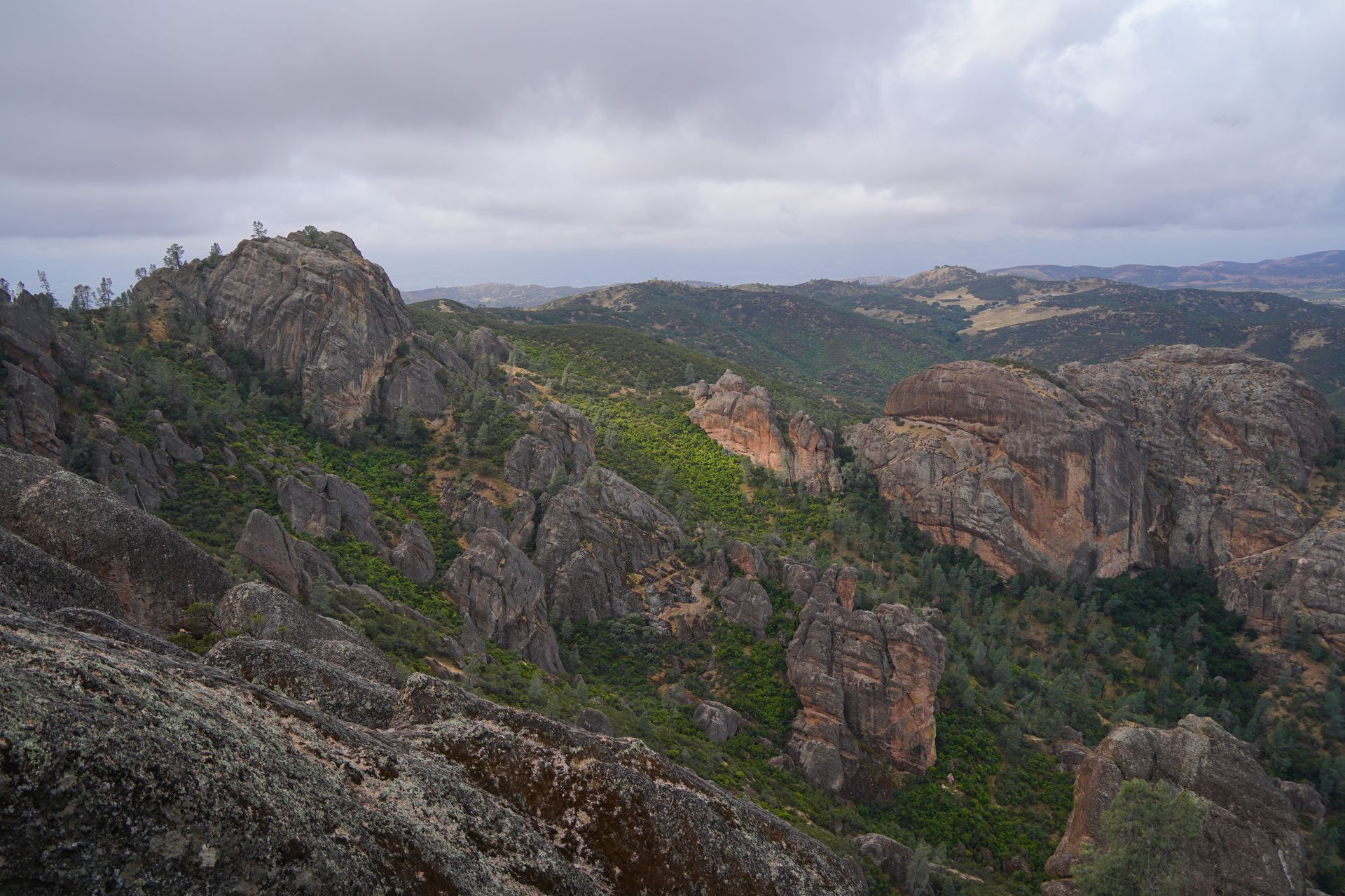 A view of rocks rising up among green trees on the High Peaks Trail in Pinnacles National Park