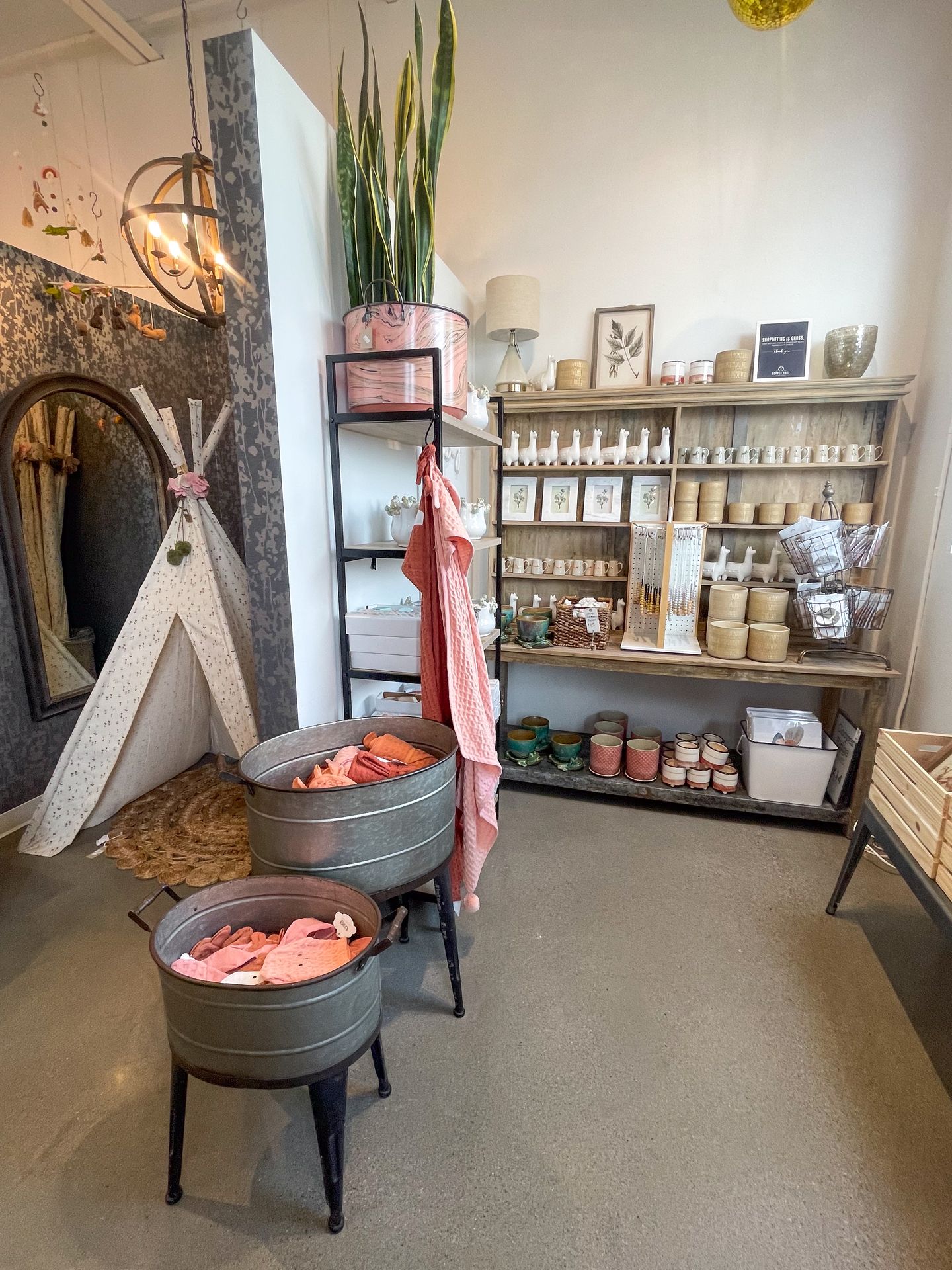 A room with a shelf and shelves full of items inside Copper Pony