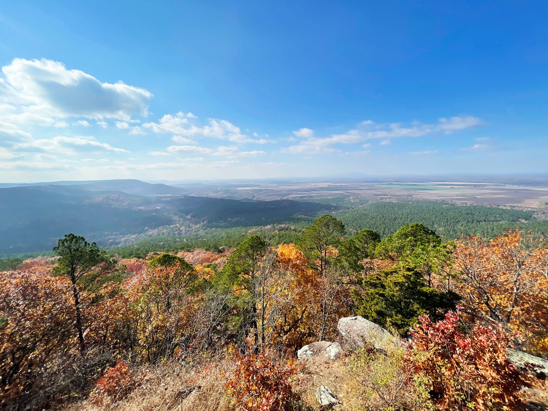 A viewpoint looking out into a valley. Many of the trees have yellow and orange leaves.