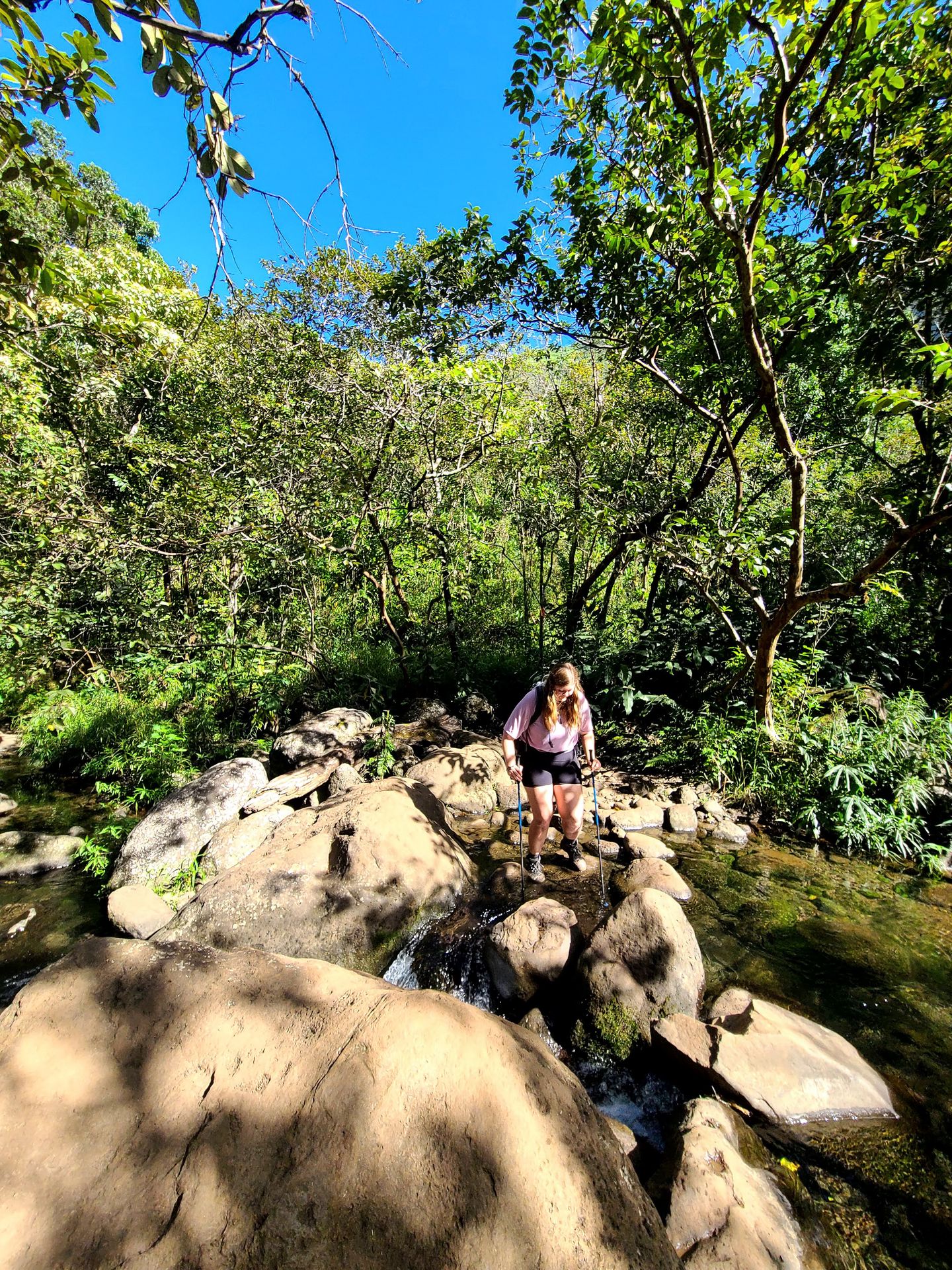 Lydia stepping on rocks while crossing a river on the hike to Hanakapi'ai Falls