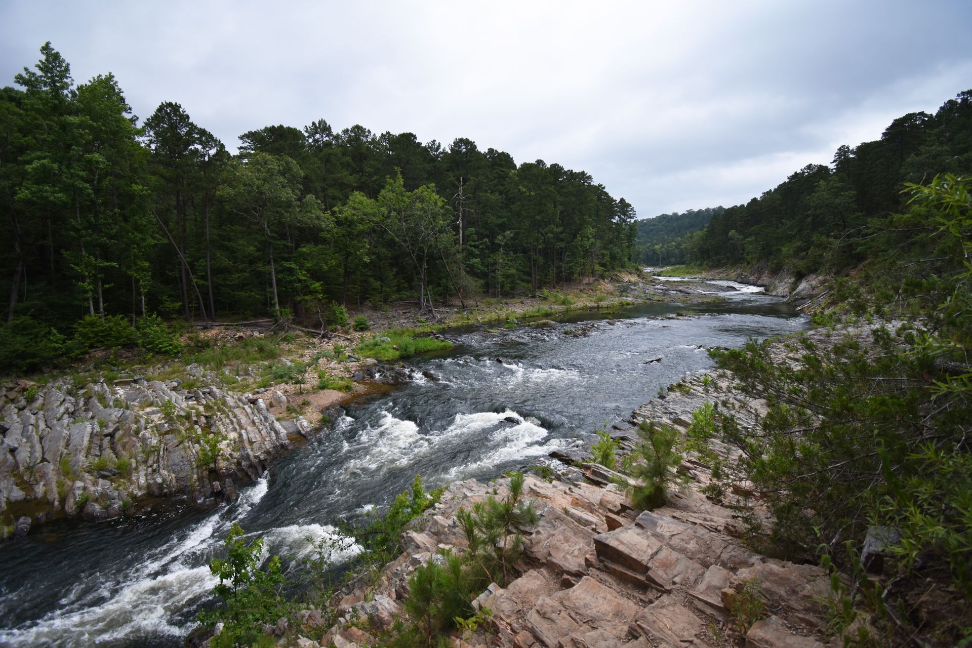 A river with rapids surrounded by rocks and trees.