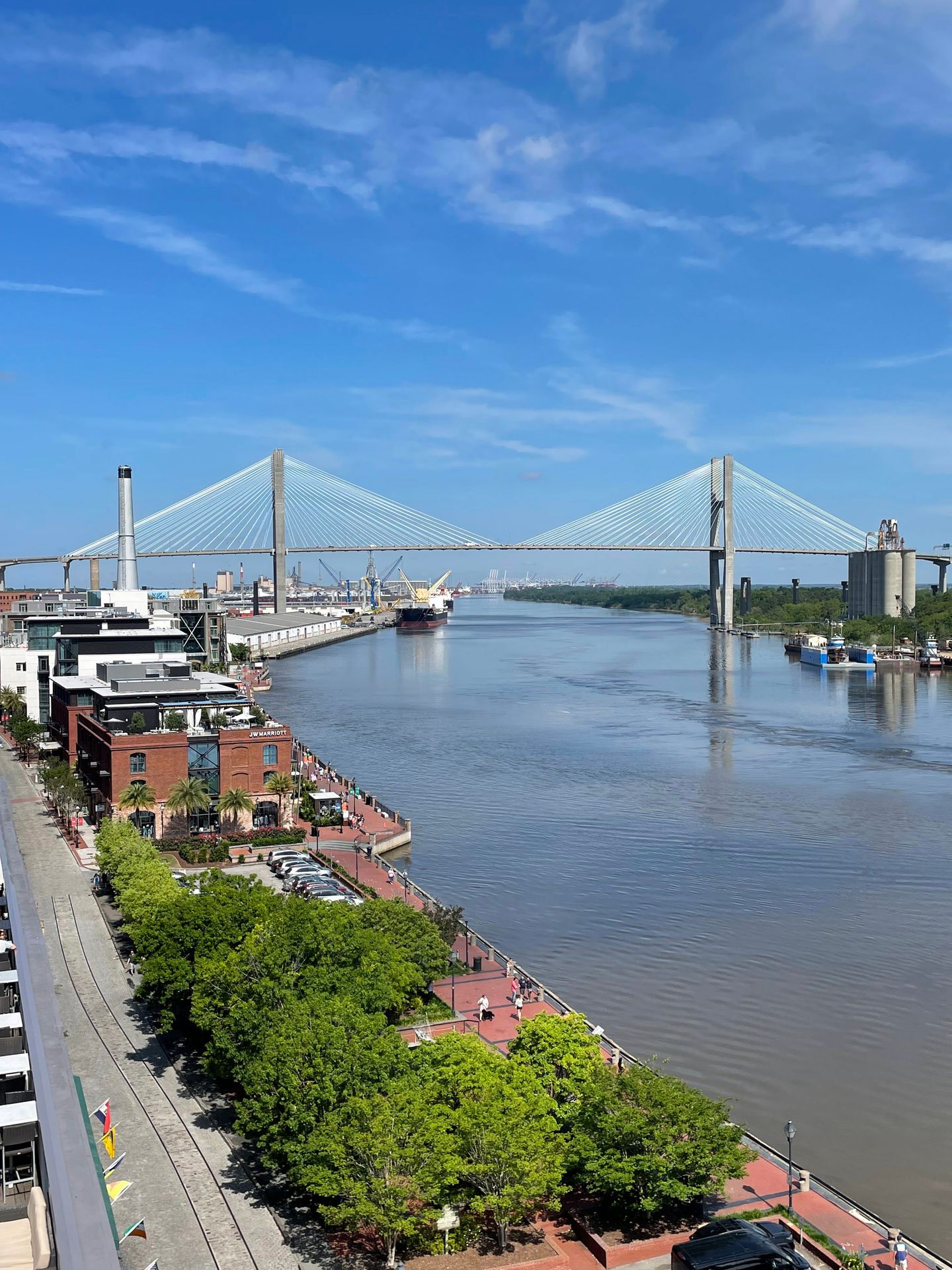 Looking at the Savannah River and the Talmadge Memorial Bridge from a rooftop on the Savannah riverfront