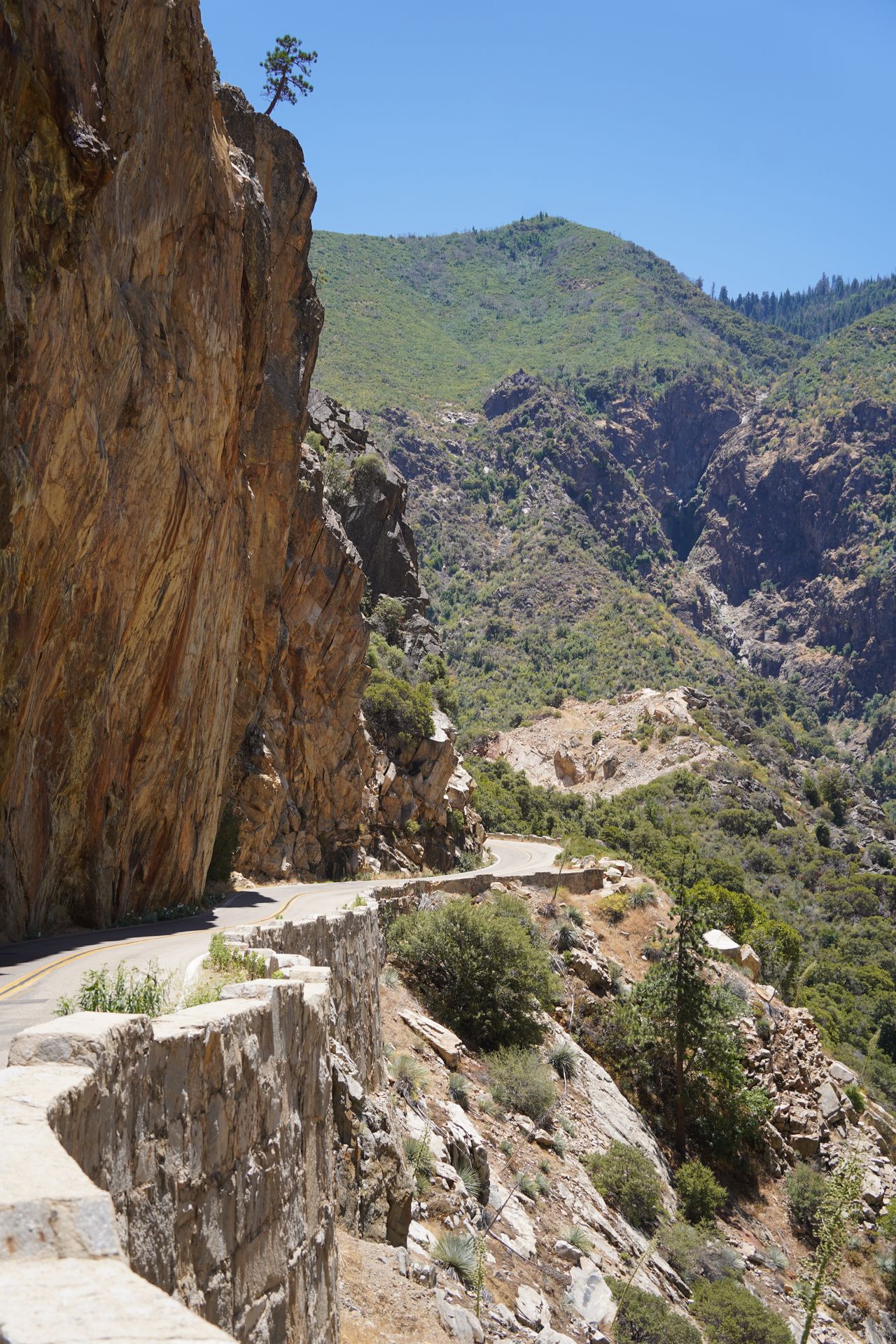 A narrow bit of road along the canyon walls on the Kings Canyon Scenic Byway