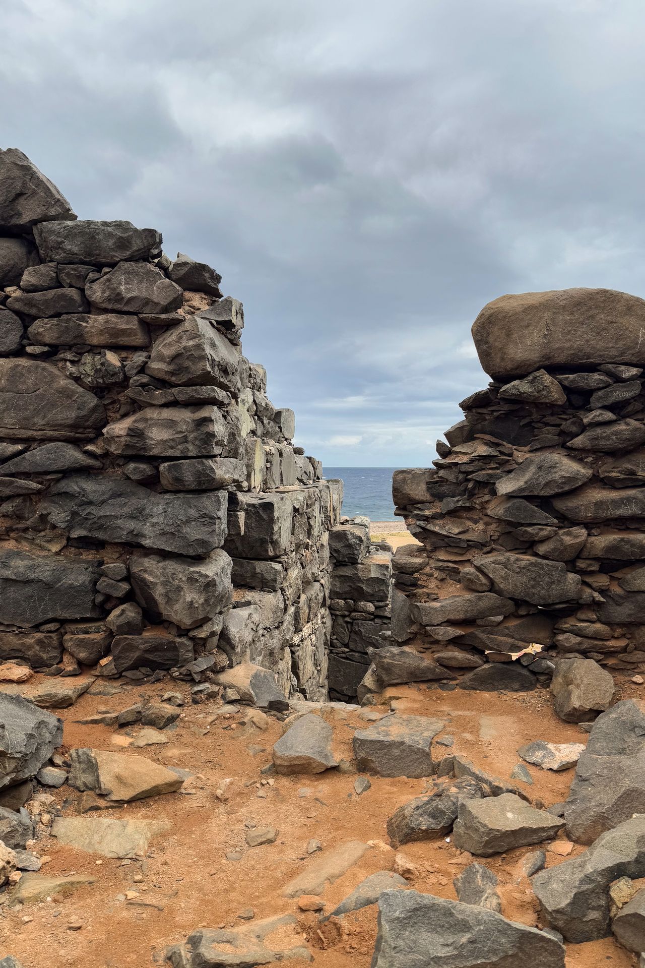 A view of large stone walls that were from the Bushiribana Gold Mine