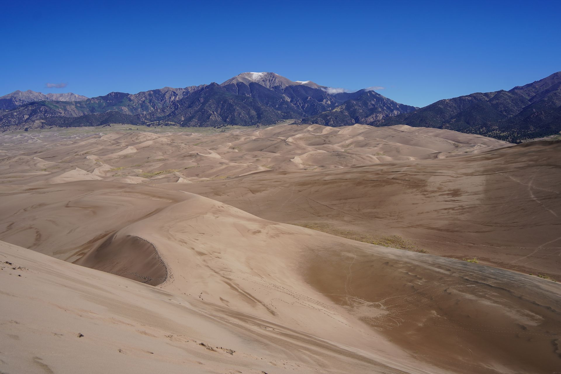 Looking over a large field of sand dunes, with mountains in the distance and some snow on top of a tall peak