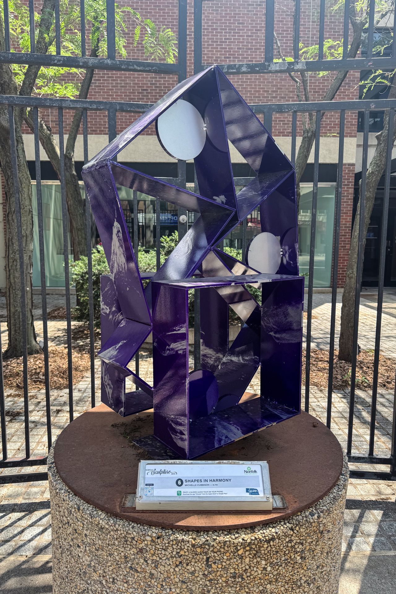 A purple geometric sculptures in Downtown Norfolk