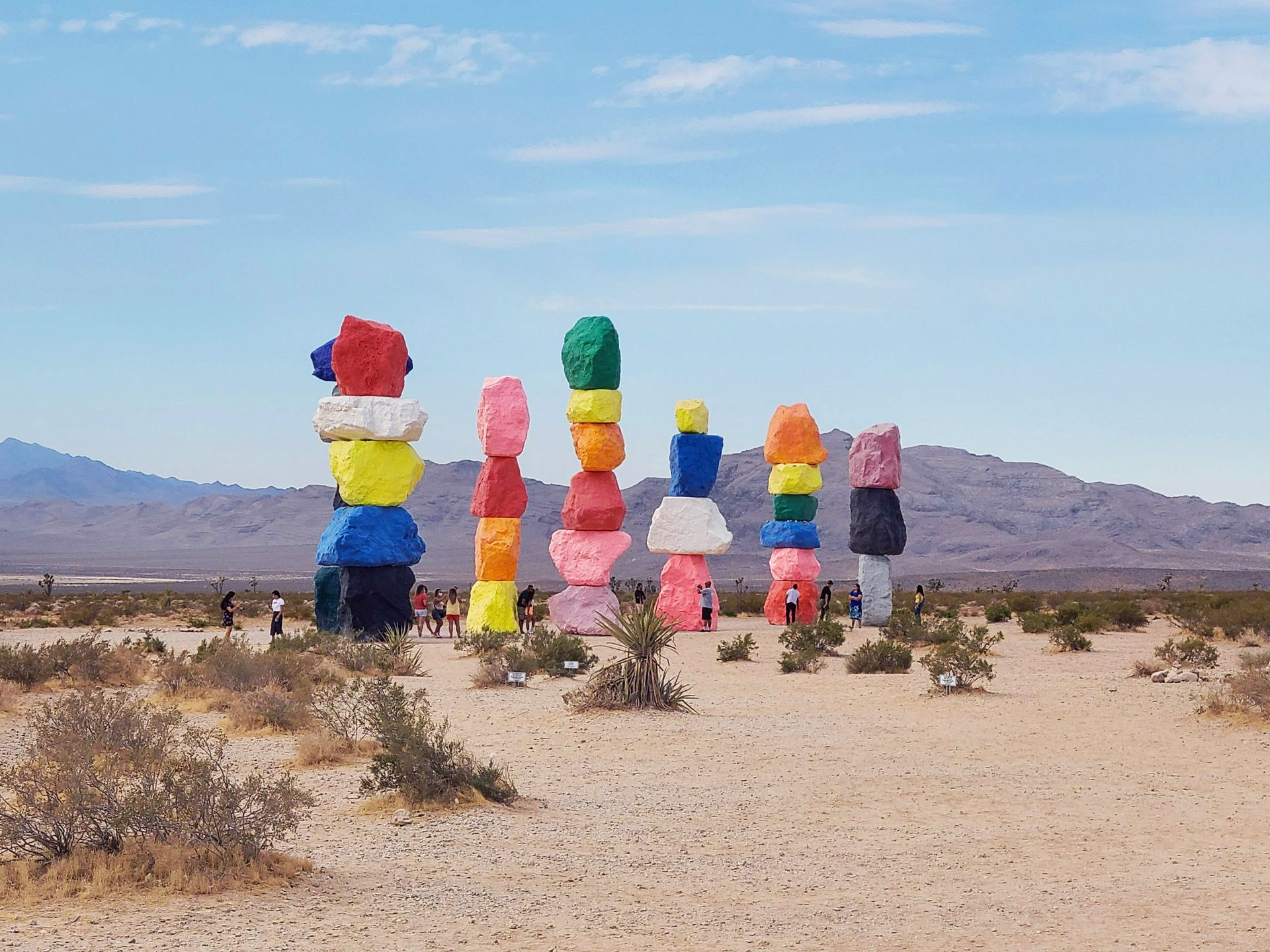 Seven towers of colorful rocks in the Nevada desert.