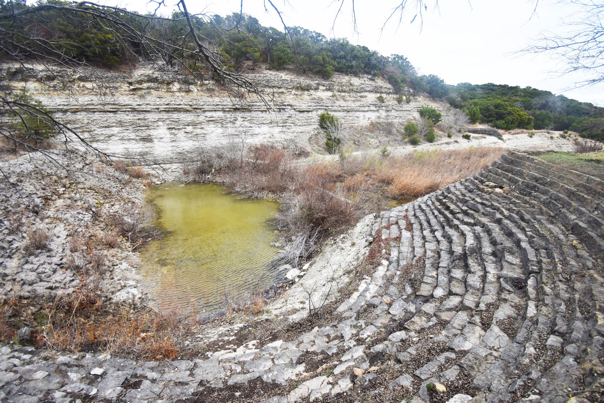Looking down into the limestone quarry at Cleburne State Park