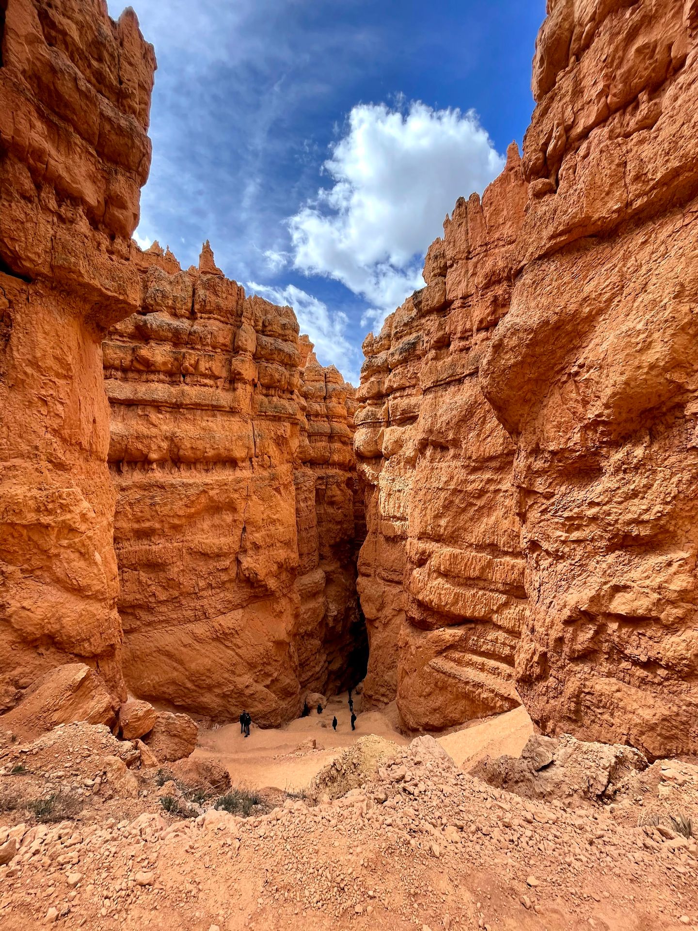 Tall canyon walls with a trail of switchbacks on the Queen's Garden trail.