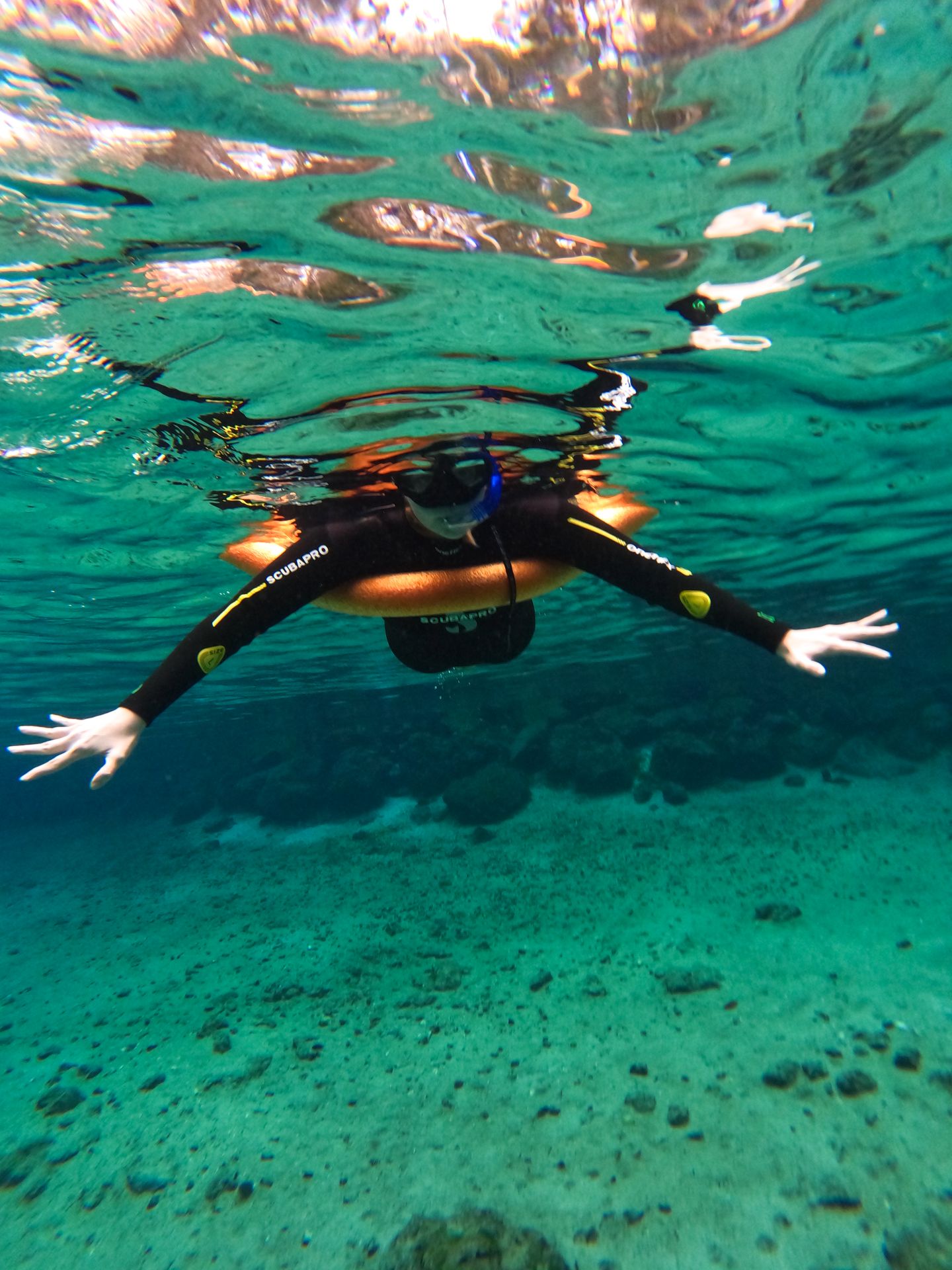 Lydia snorkeling with a pool noodle under her arms.