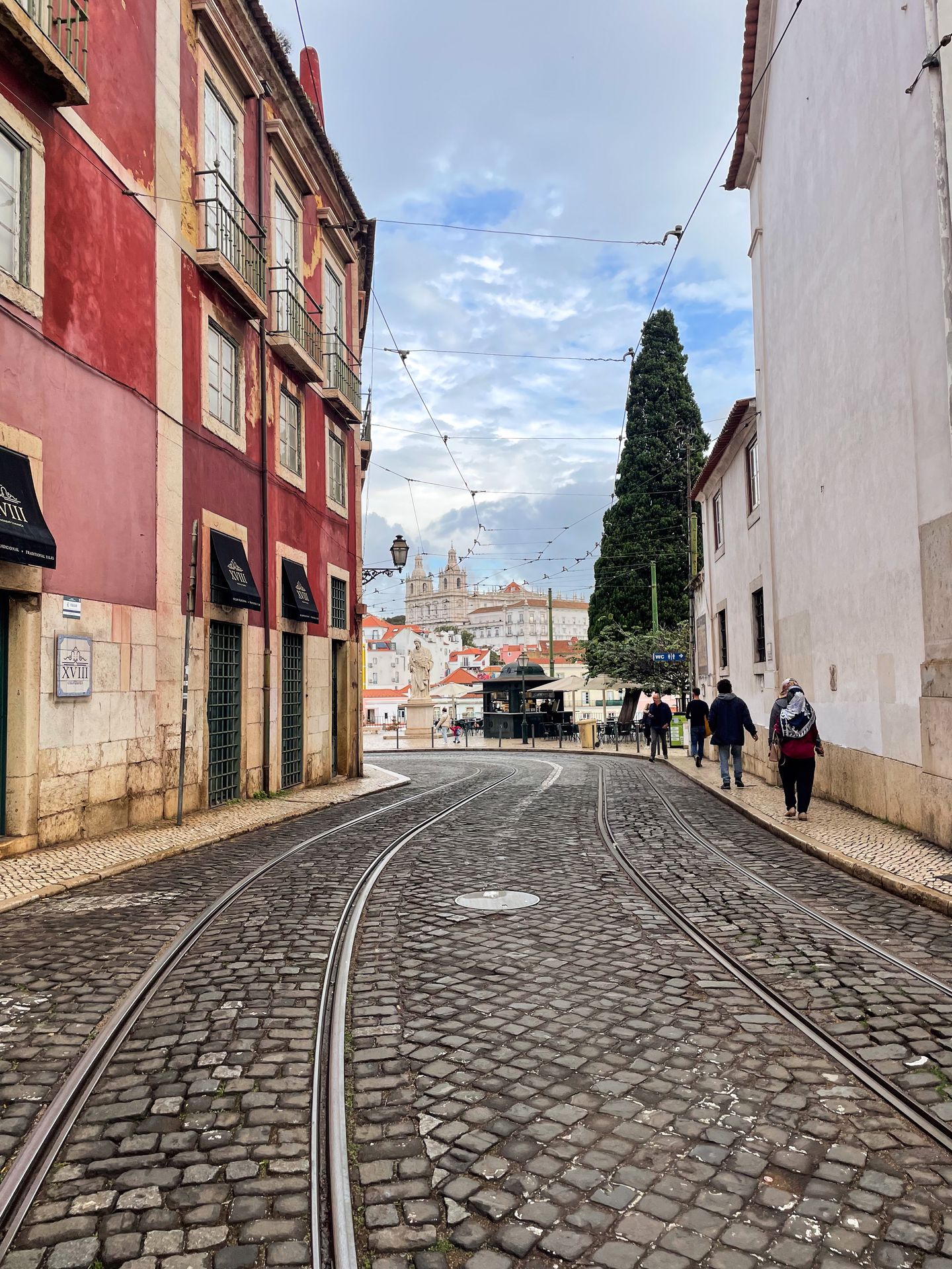 Looking at tracks of the tram in the Alfama neighborhood