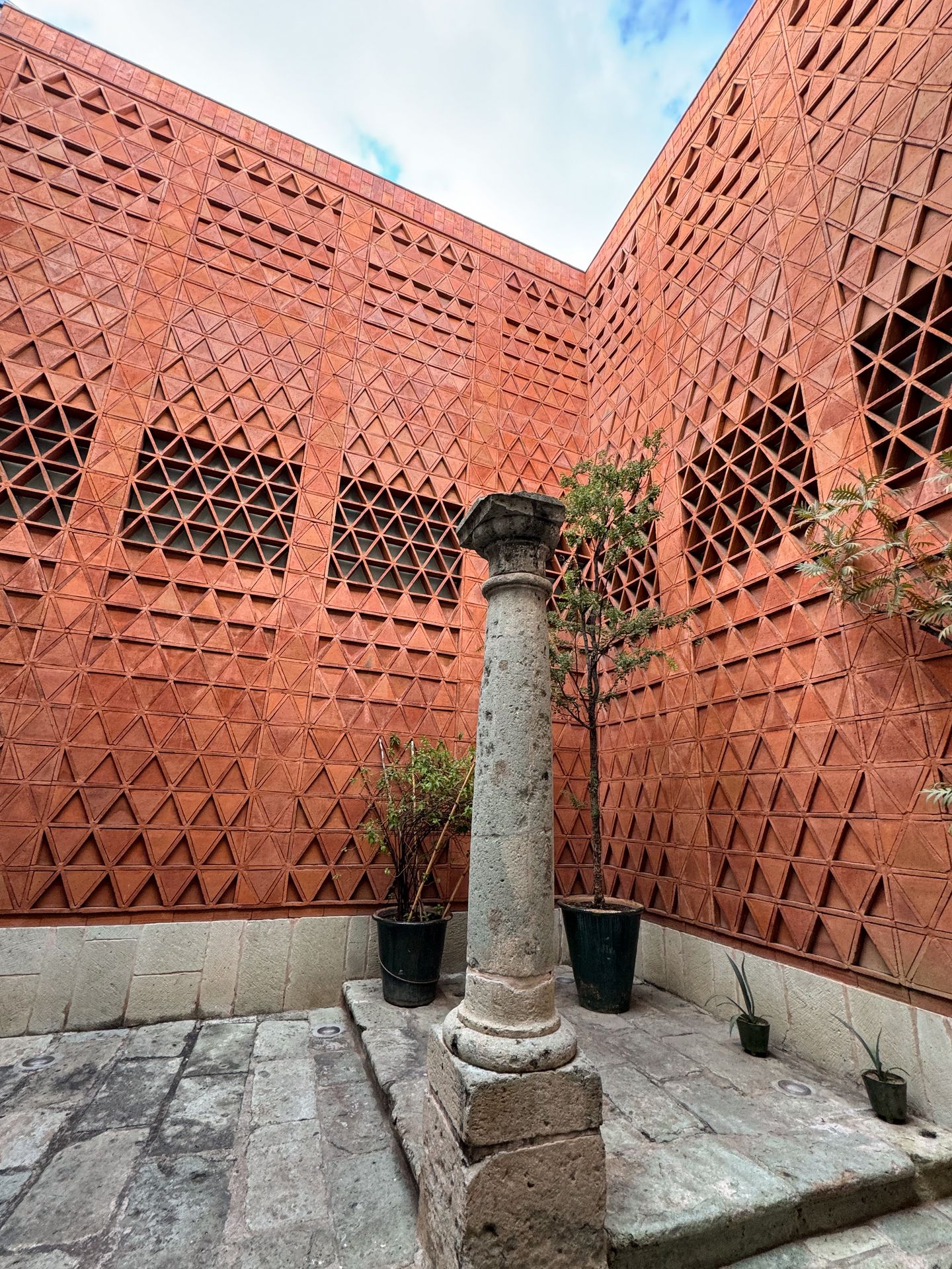 The courtyard at Museo Textil de Oaxaca, which has an interesting triange pattern on the walls