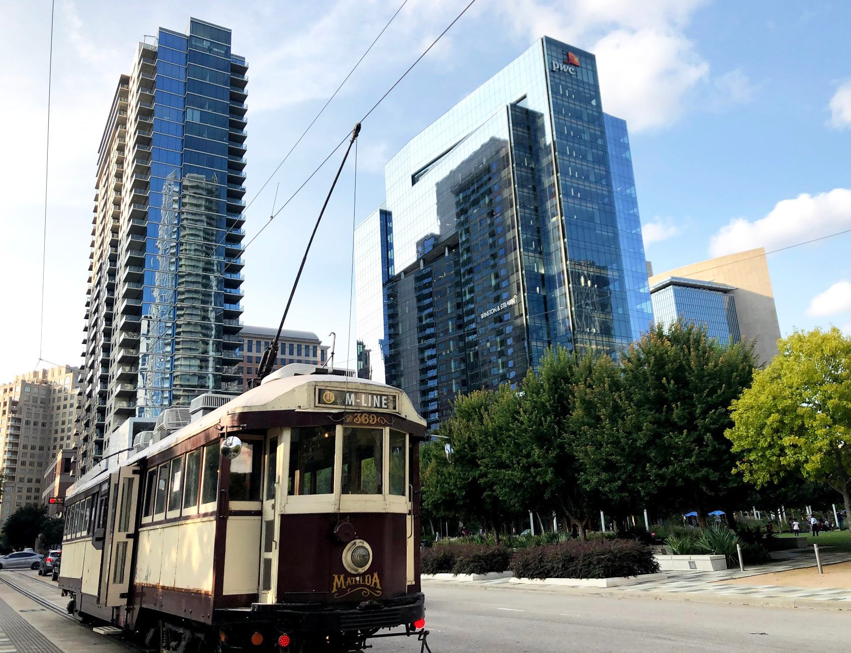 A vintage-looking trolley in downtown Dallas.