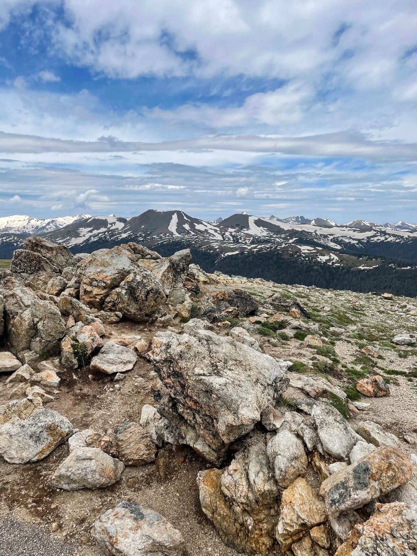 A view of alpine landscapes and mountains in the distance along Trail Ridge Road.