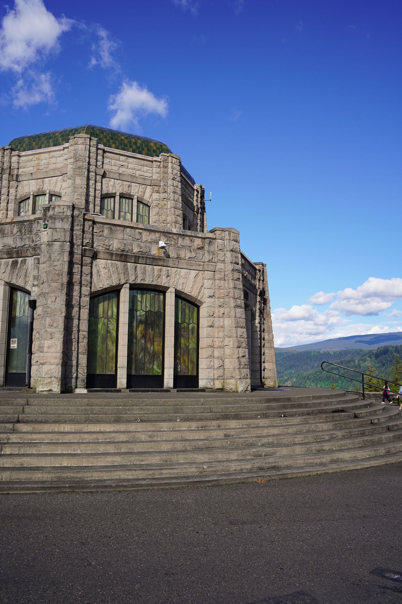 The Vista House, a stone building that has a dome on top