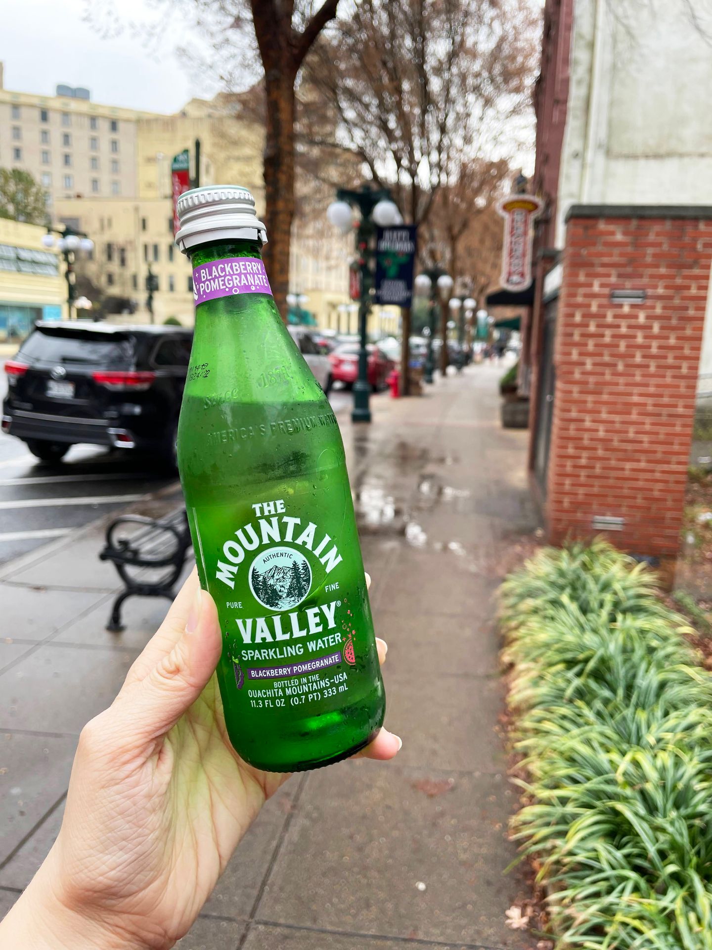 Holding up a bottle of 'Blackberry Pomegranate' Mountain Valley Water on the sidewalk.