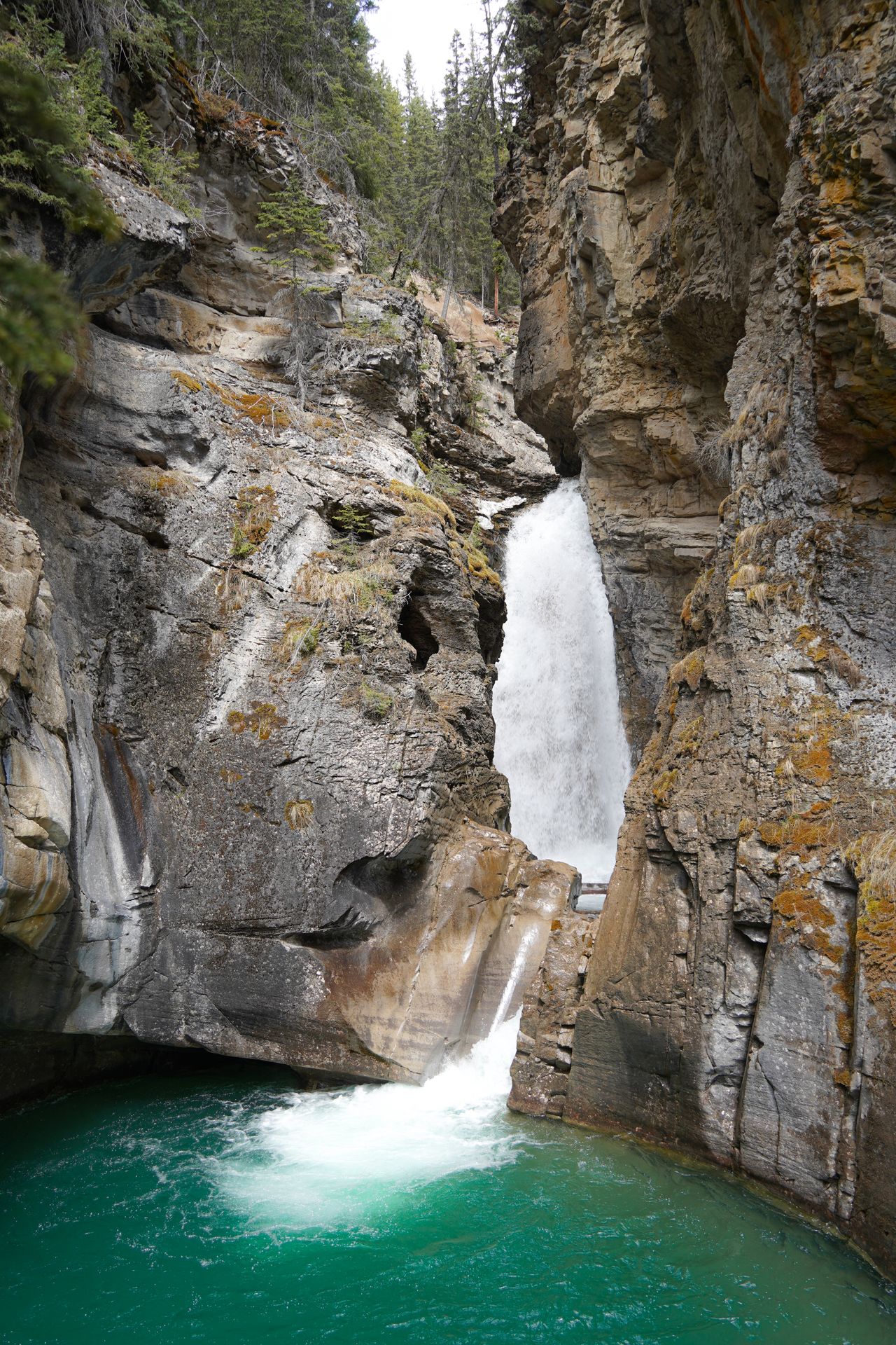 A waterfall tucked away in a rock face. The water below is bright green.