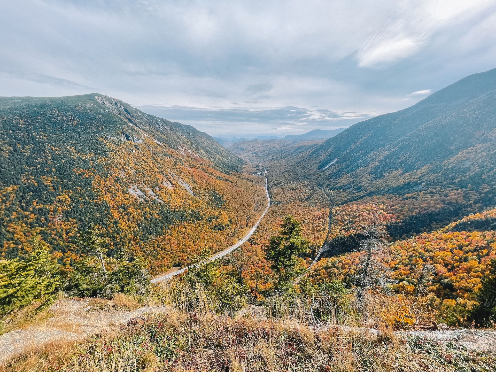 Looking down at a valley surrounded by mountains. There are many colorful, yellow trees and a road in the center of the valley.
