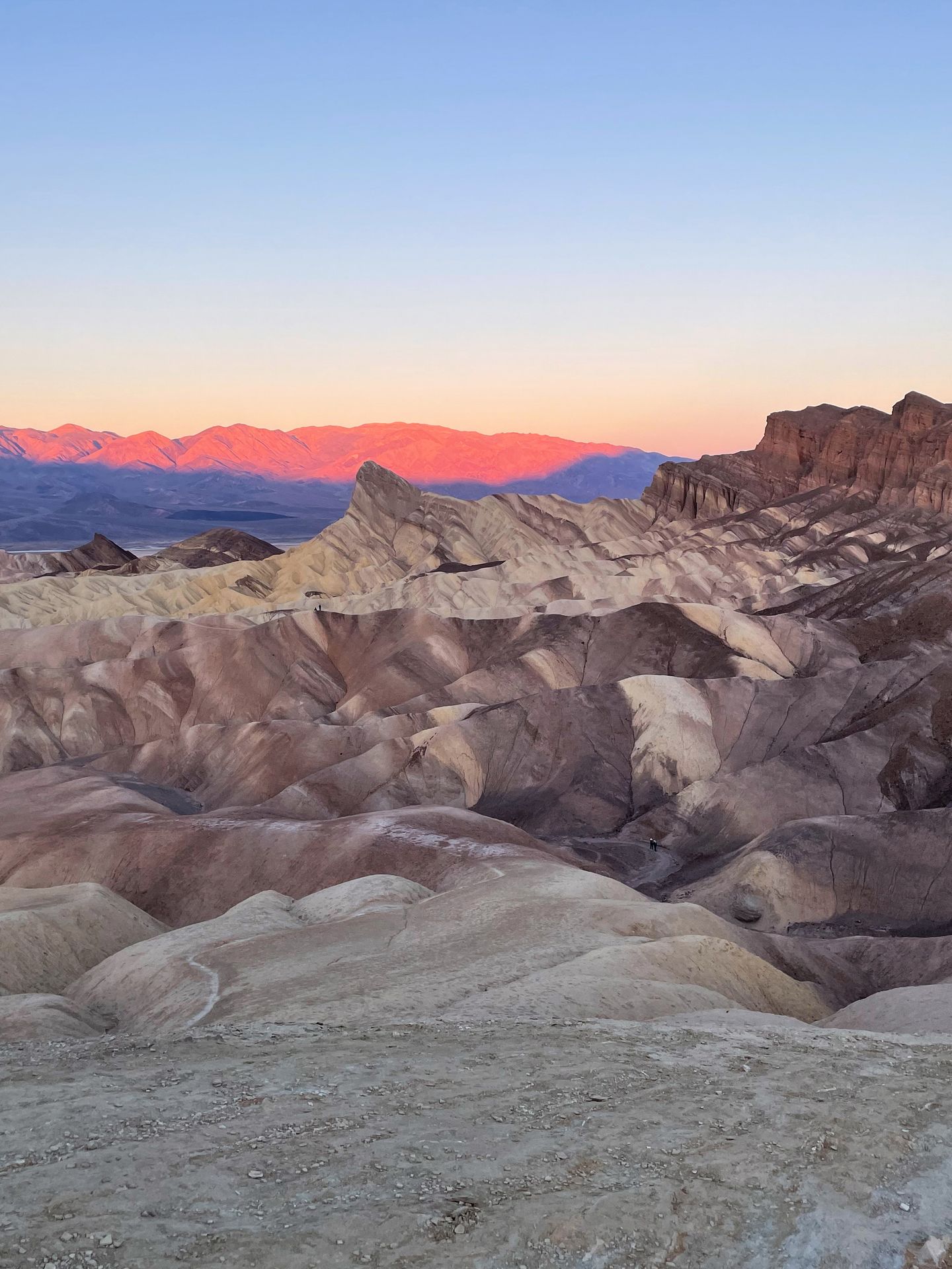 A scene with badlands that look to be striped in various shades of brown. The mountains in the distance glow pink and blue from the rising sun