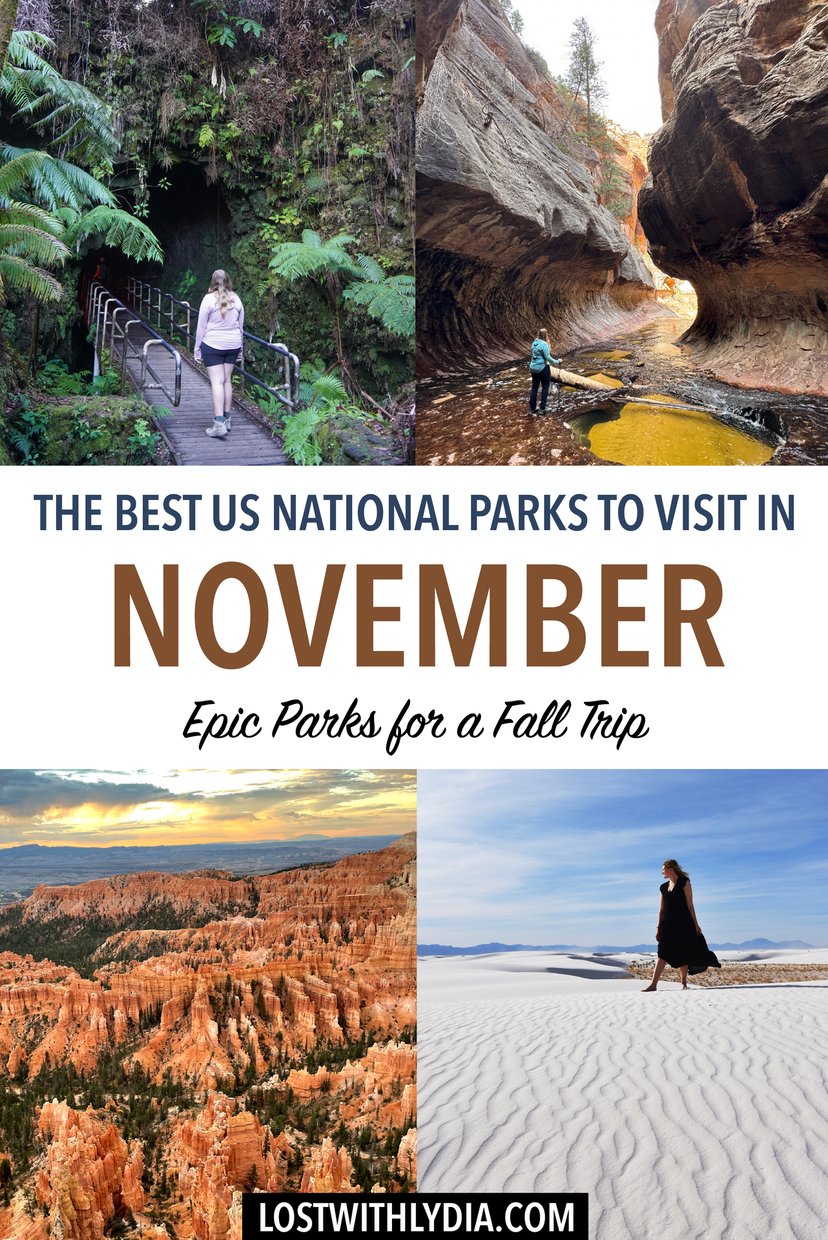 Discover the best national parks for a late fall road trip! See fall foliage, enjoy the desert, and enjoy different types of nature all over the US.
