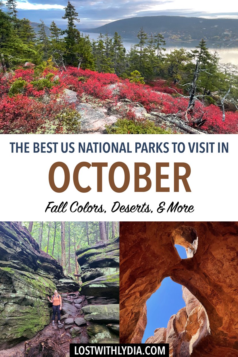 Learn about the best US national parks to visit in October! From fall foliage to canyons, this list includes the best national parks for a fall road trip.